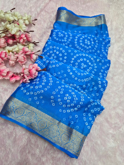 966002 Traditional Hand Bandhani Chinon Silk Soft Saree - Blue