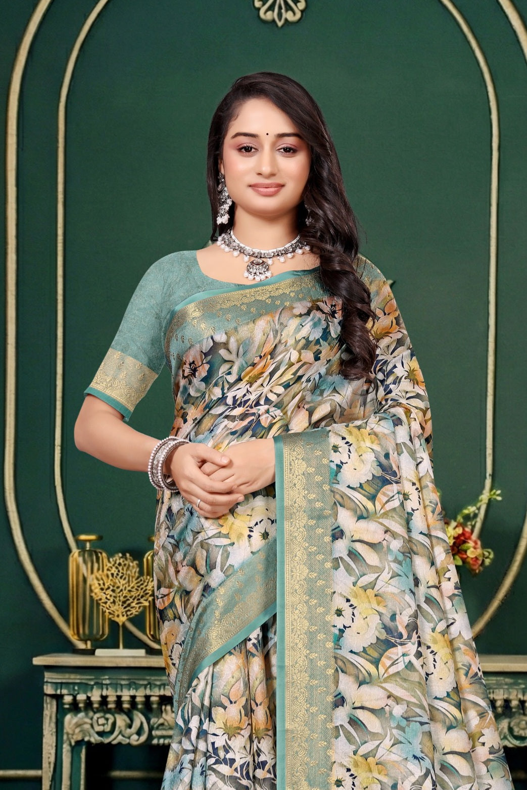 102202 Designer Soft Dola Silk Flower Printed Saree with Zari Weaving Border