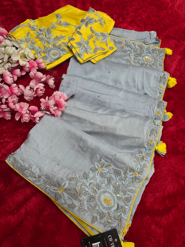 4749 Pure Maslin Silk Beautiful Hand Crafted Designer Chitra Special Saree with Stitched Blouse