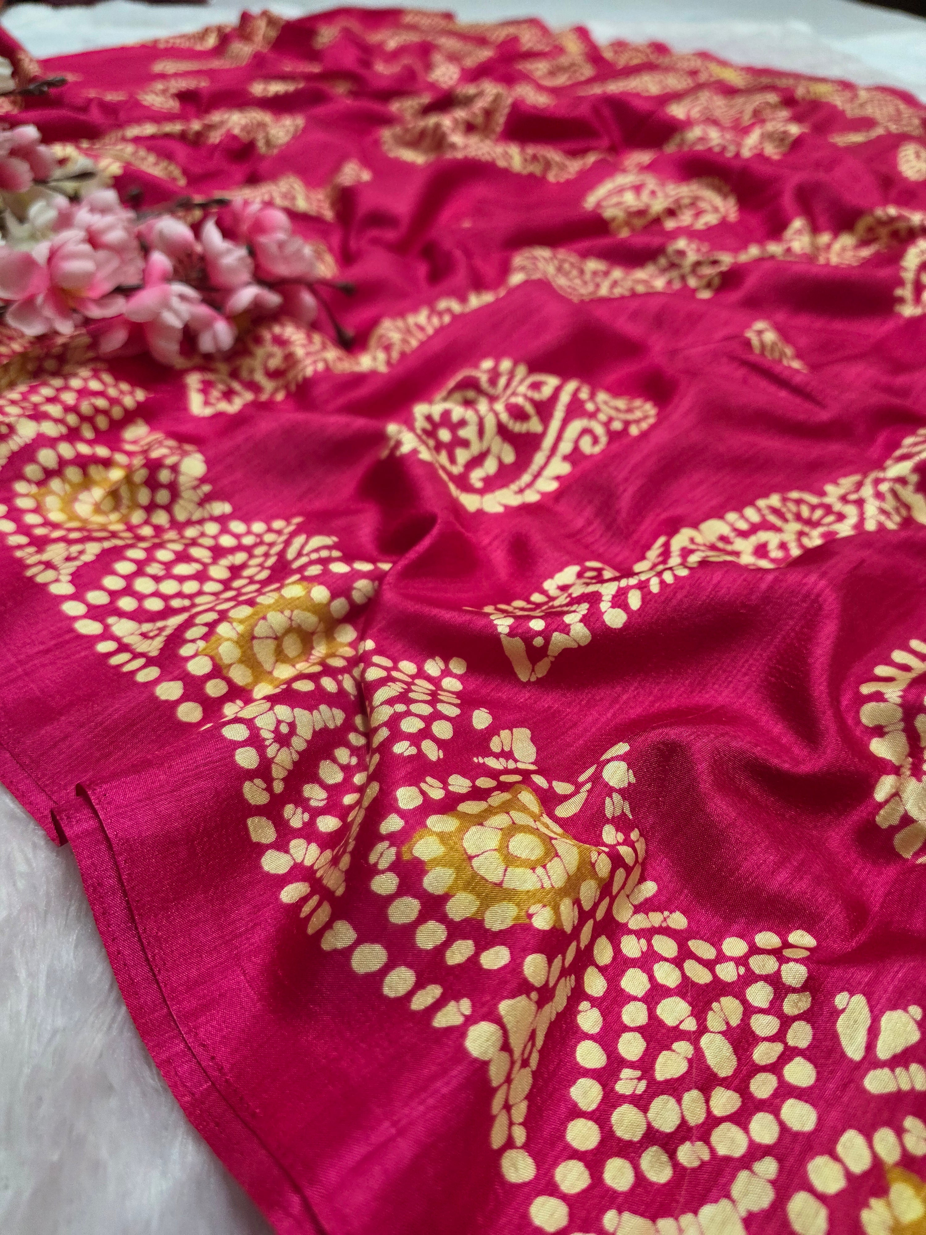 911005 Very Soft and Premium Looking Semi Dola Silk Batik Print Saree - Rani