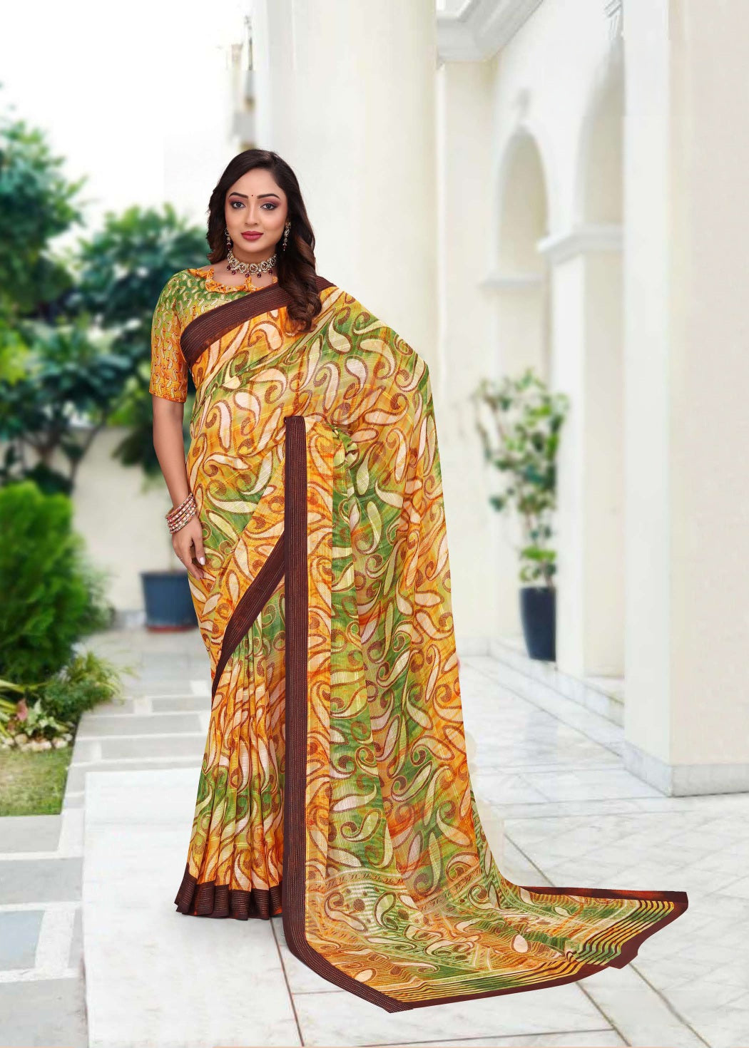 914002 Premium Georgette Saree with Unique Print - Yellow