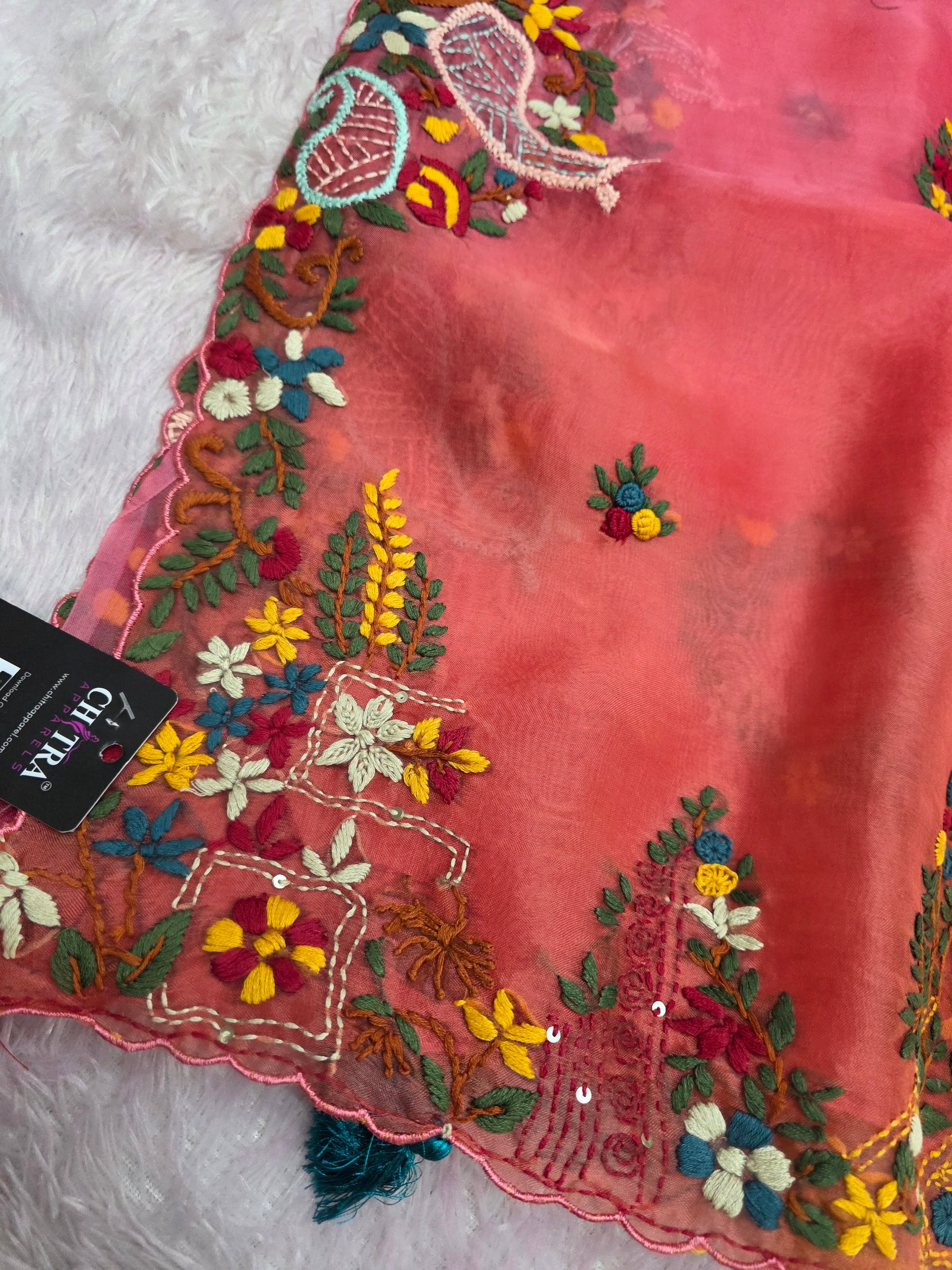 10163 Pure Premium Organza Saree with Hand Kantha Embroidery | Pink, Orange Rani & Peach Shades | Rich Elegant Designer Saree