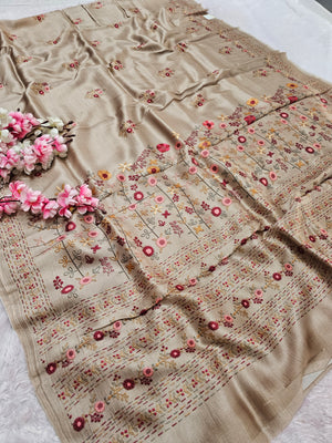101004 Exclusive Pure Tusser Silk Traditional Flower Print Saree