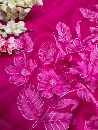 991003 Lightweight Elegant Semi Chiffon Flower Print Saree with Zari Print - Pink
