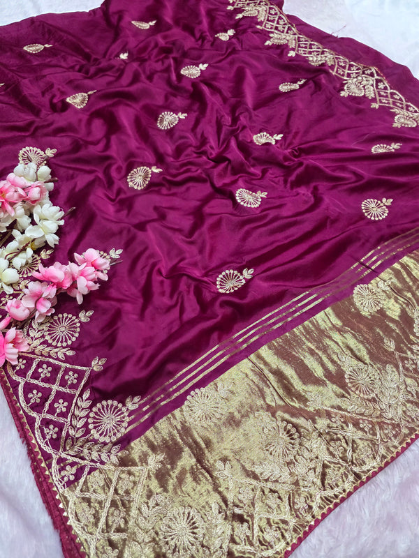 966006 Designer Semi Gajji Silk Pita Work Saree with Lagadi Patta - Wine