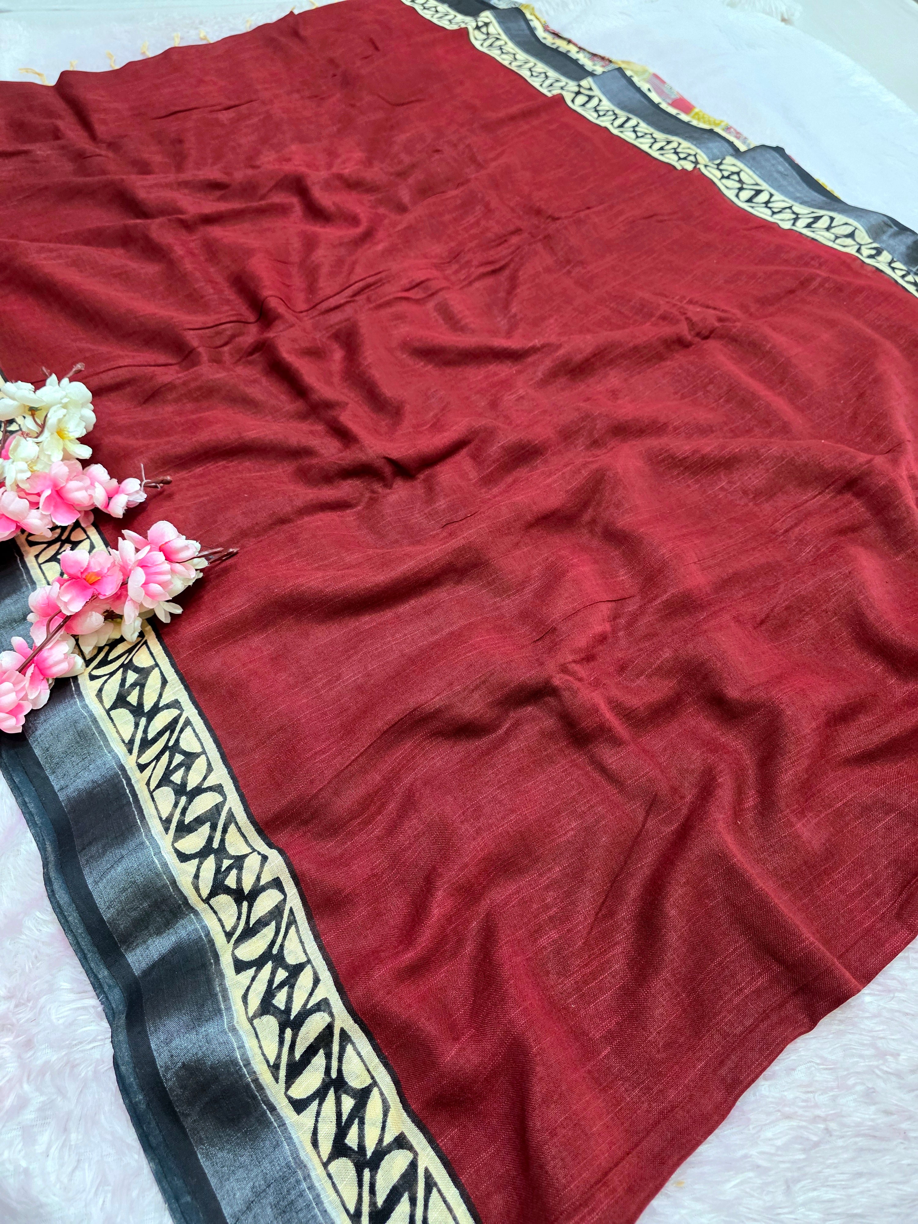 100503 Pure Rajasthani Natural Cotton Linen Hand Printed Saree