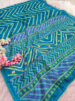 CA0752 Rajasthani Kota Doria Silk Lehariya Saree with Gota Patti Work - Blue