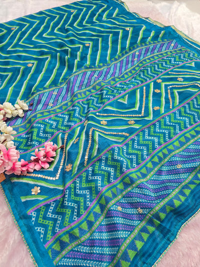 CA0752 Rajasthani Kota Doria Silk Lehariya Saree with Gota Patti Work - Blue
