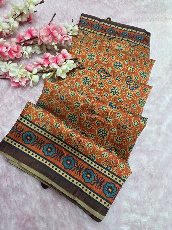 970008 Traditional Ajrakh Print Kozy Silk Light Weight Saree