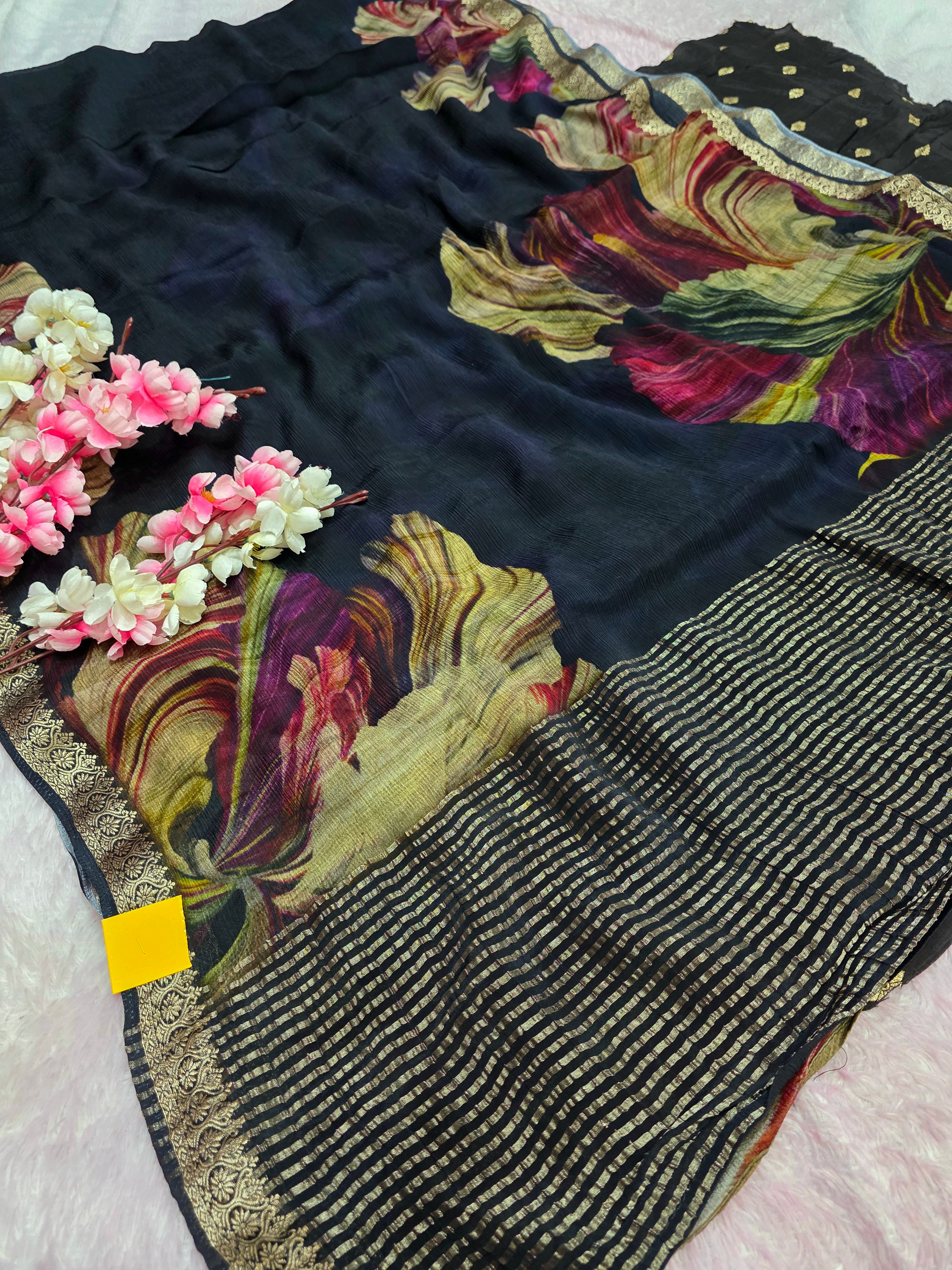 103804 Exclusive Pure Chinon Silk Traditional Print Black Saree with Zari Weaving Border