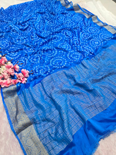 966002 Traditional Hand Bandhani Chinon Silk Soft Saree - Blue