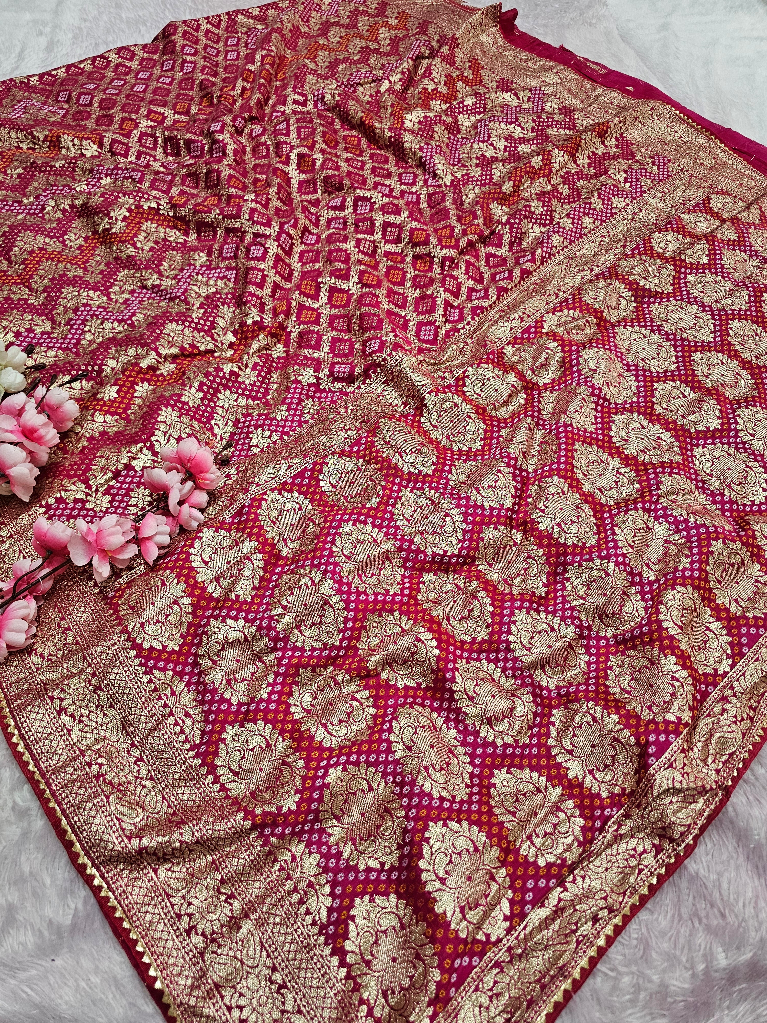 101802 Traditional Bandhani Saree with Banarasi Weaving - Rani
