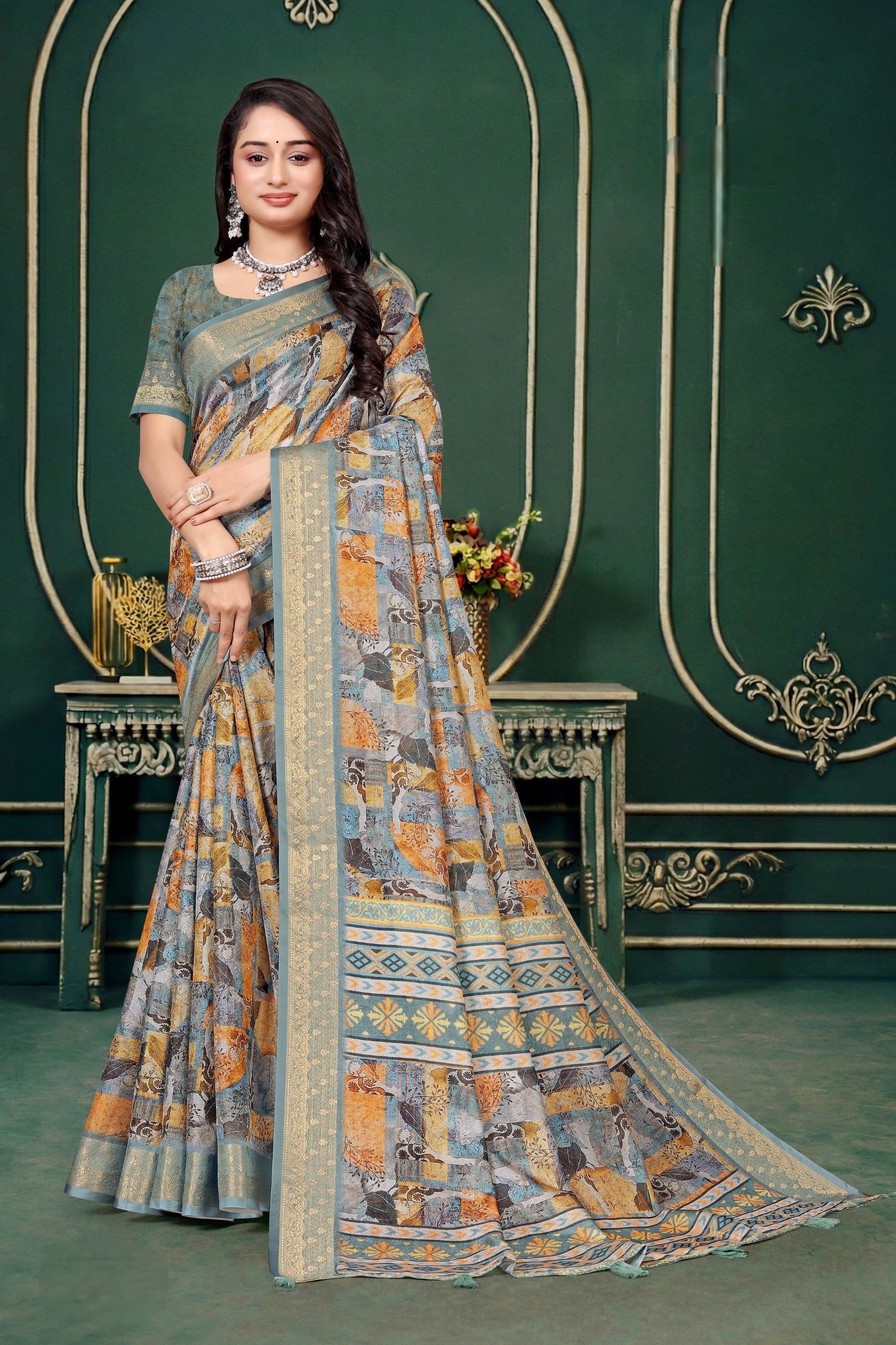 102204 Designer Soft Dola Silk Flower Printed Saree with Zari Weaving Border
