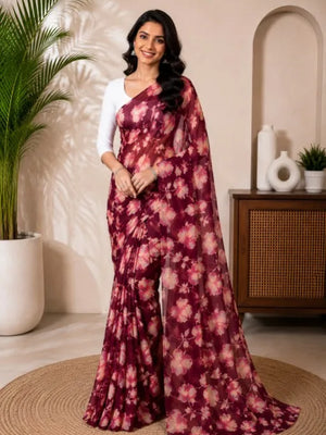 CA1031 Lightweight Elegant Semi Chiffon Flower Print Saree - Wine
