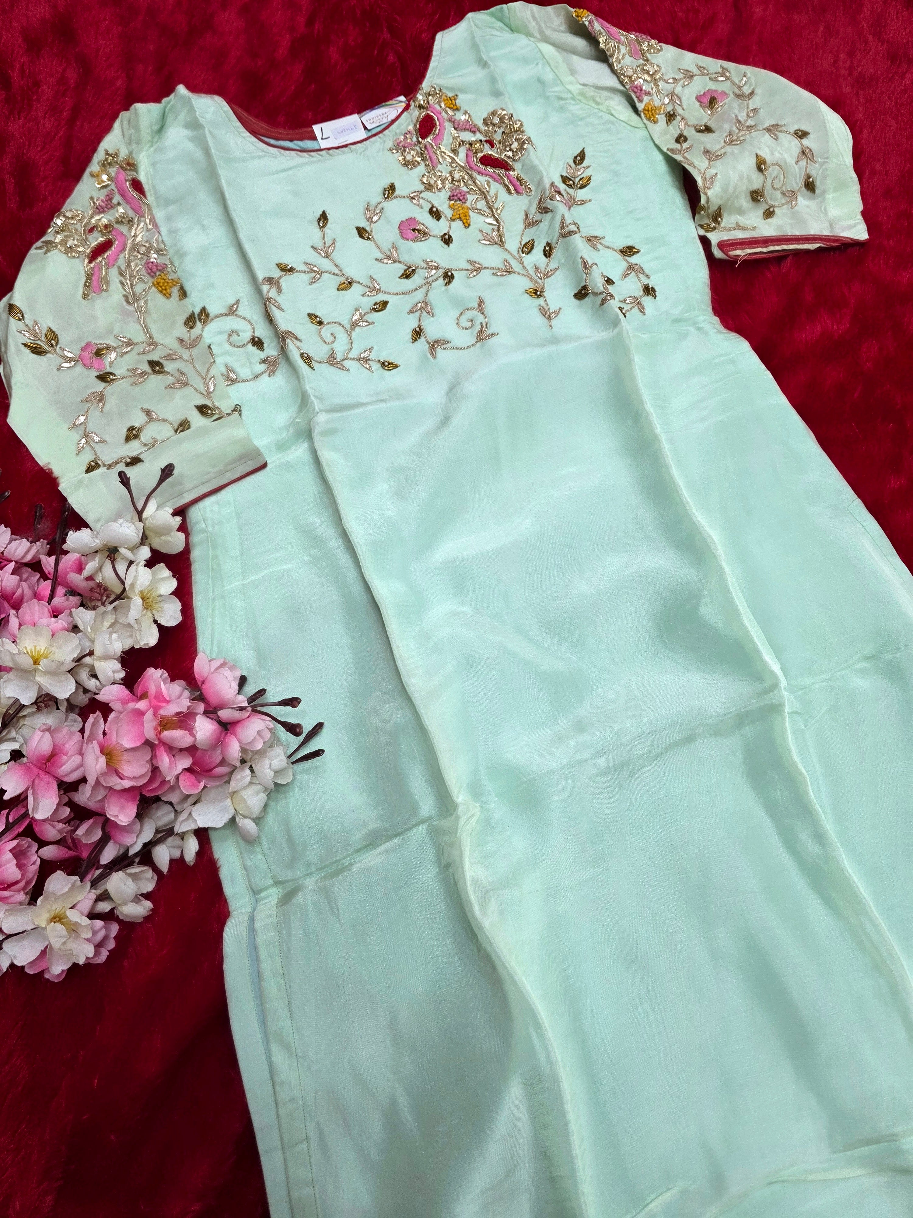 977009 Party Wear Designer Straight Kurti with Hand Gota and Zardosi Work