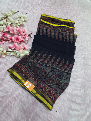 ca1450 Pure Rajasthani Diamond Chiffon Saree with Hand Print navy ajrakh flower saree