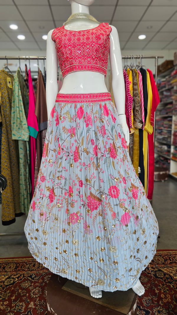 10771 Beautiful Flower print Crepe Silk Lehenga with Ready Blouse with Mirror Work