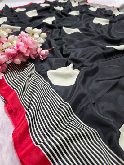 939001 Retro Style Polka Dots Print Satin Silk Saree - Black
