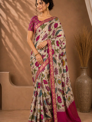 CA0722 Exclusive Pure Chinon Silk Flower Print Saree with Zari Weaving Border Beige