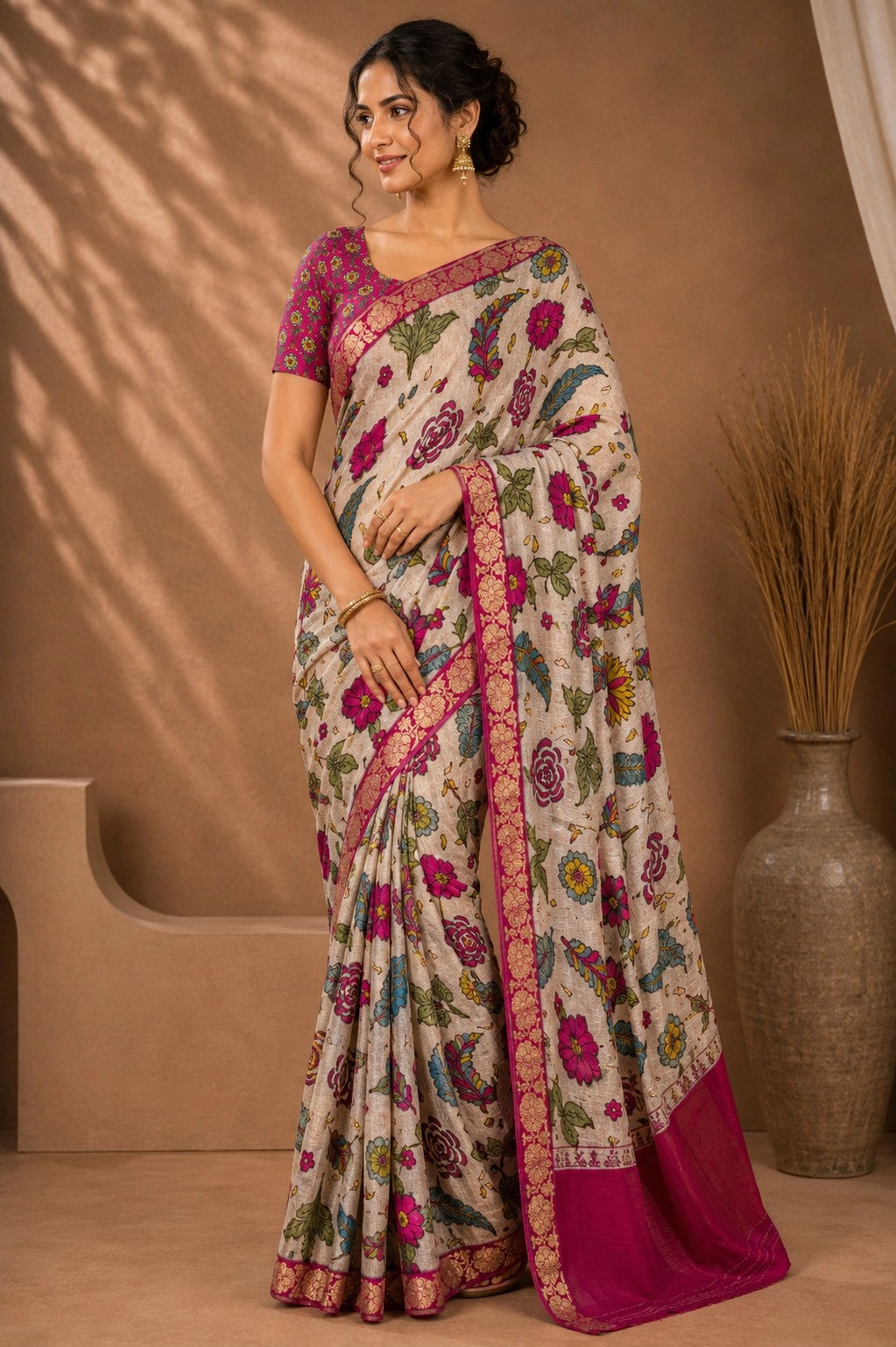 CA0722 Exclusive Pure Chinon Silk Flower Print Saree with Zari Weaving Border Beige