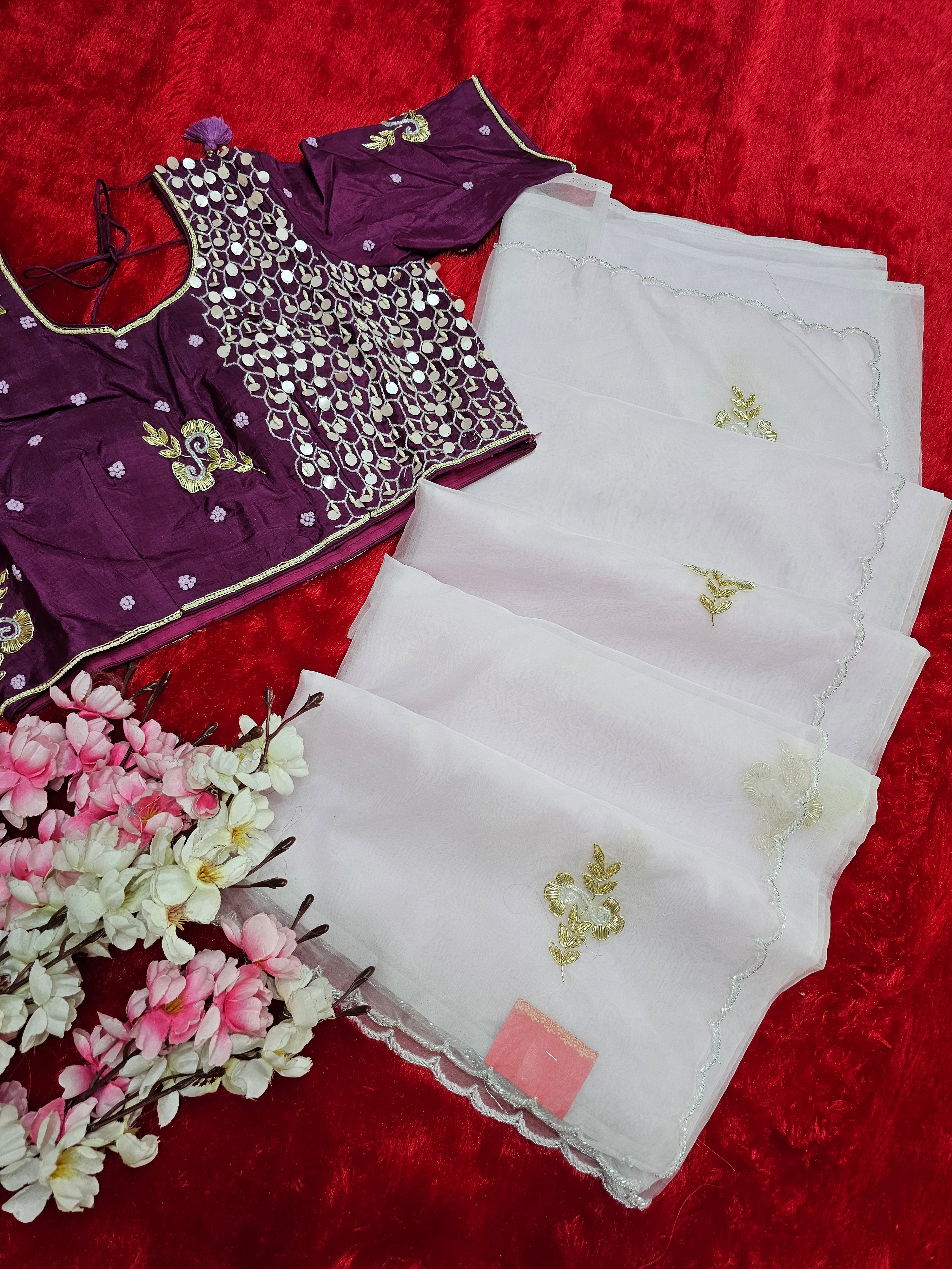 145002 डिज़ाइनर ऑर्गेना साड़ी ज़रदोजी वर्क विद स्टिच ब्लाउज 