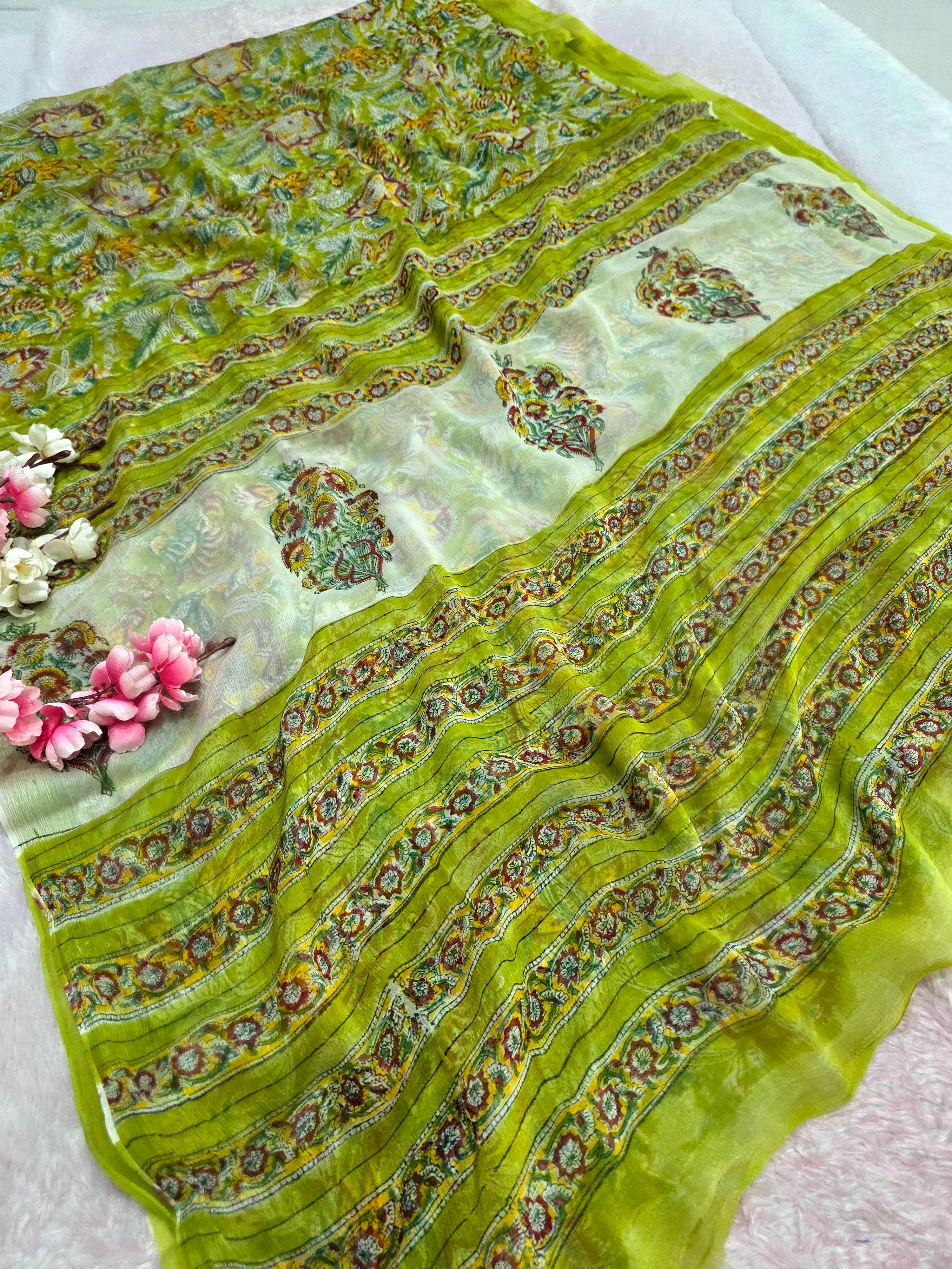 104302 Pure Rajasthani Diamond Chiffon Saree with Hand Ajrakh Print