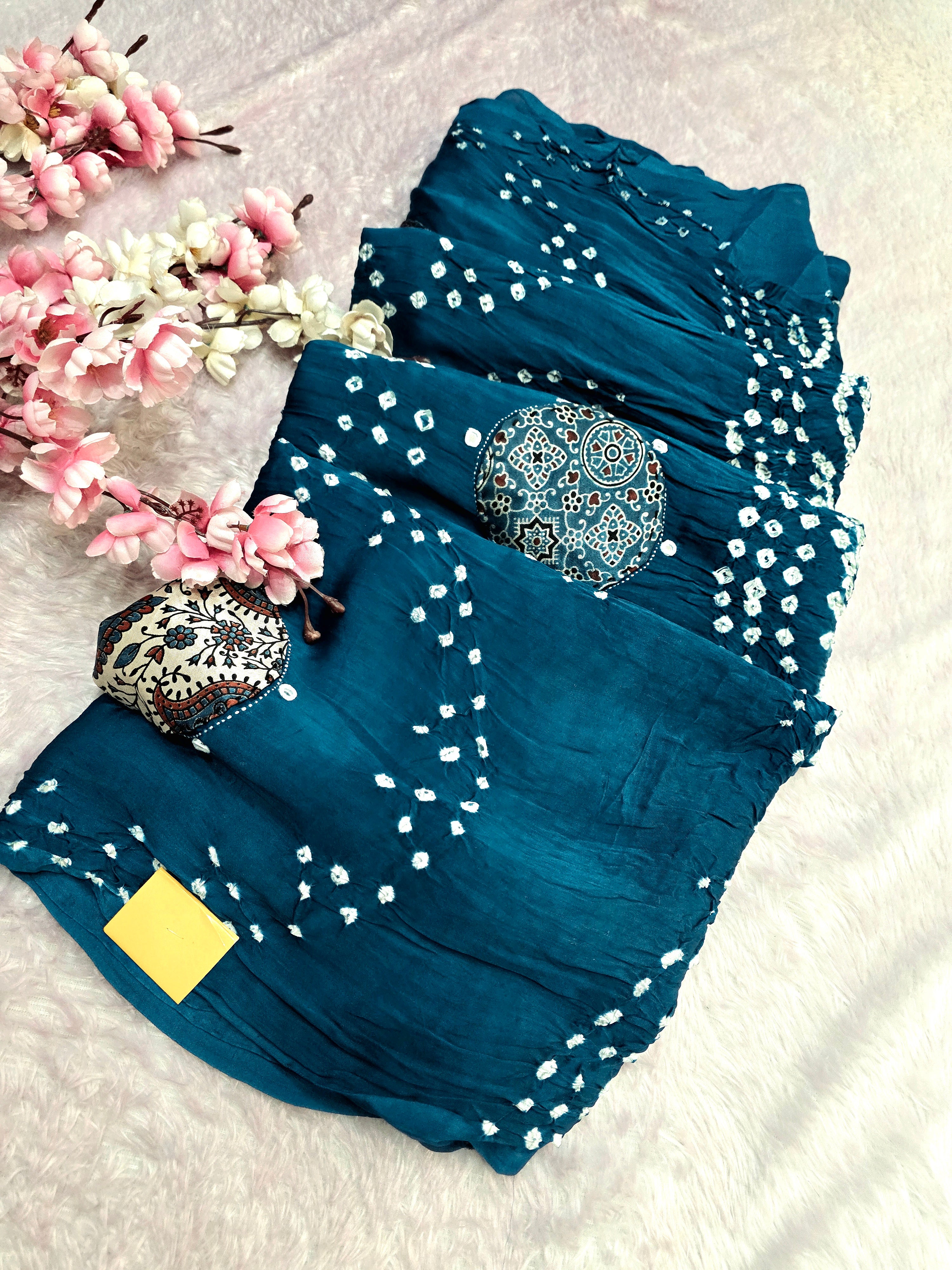 CA0742 Pure Modal Silk Hand Bandhani Saree with Ajrakh Patch Work