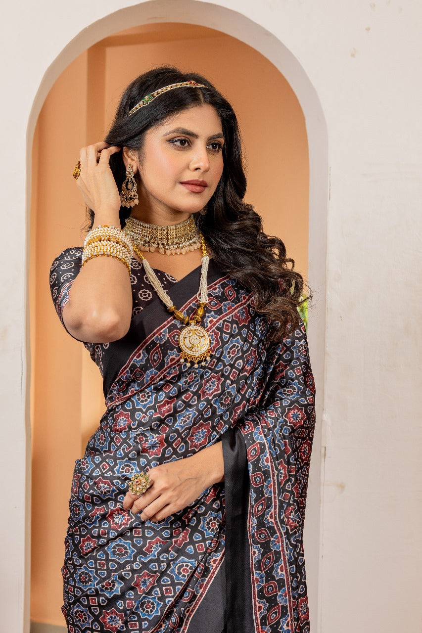 937001 Traditional Ajrakh Print Satin Silk Saree