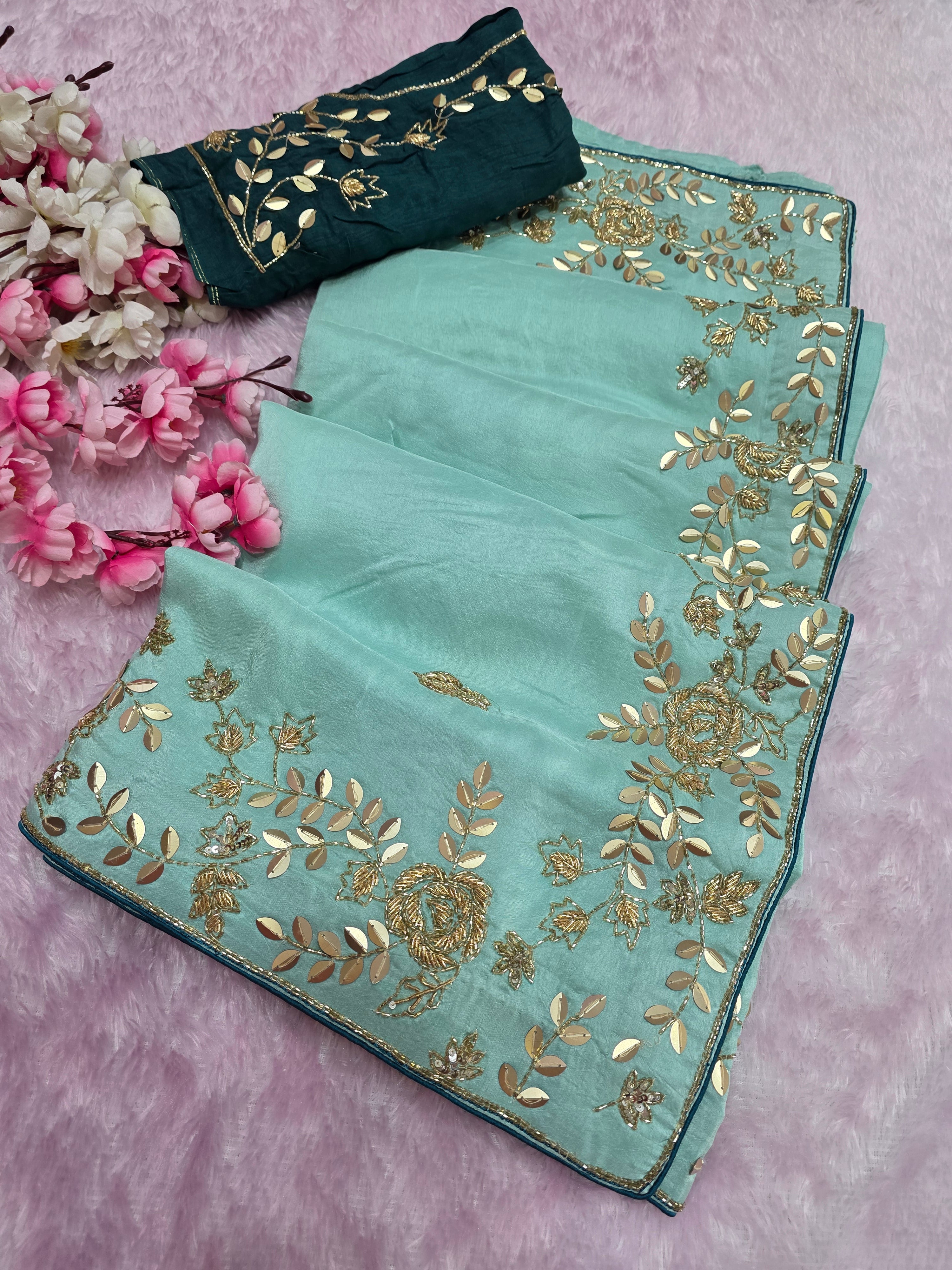 5100 Pure Russian Silk Beautiful Hand Crafted Designer Sea Green Saree with Heavy Blouse