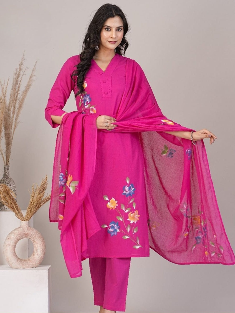 614007 Pure Malmal Cotton Hand Painted Kurti and Dupatta Set