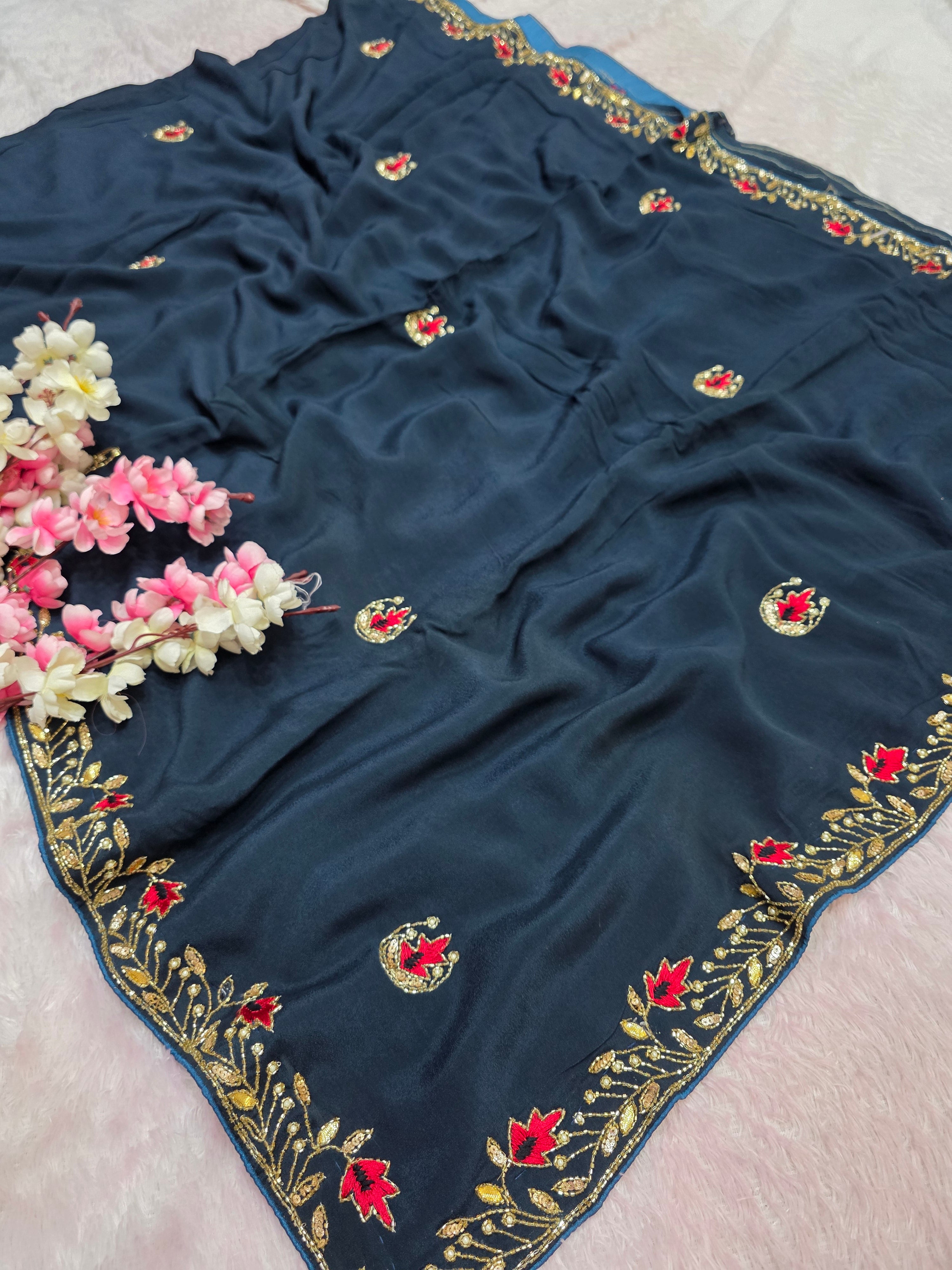 236009 Pure Chinon Silk Blue Saree With Handwork