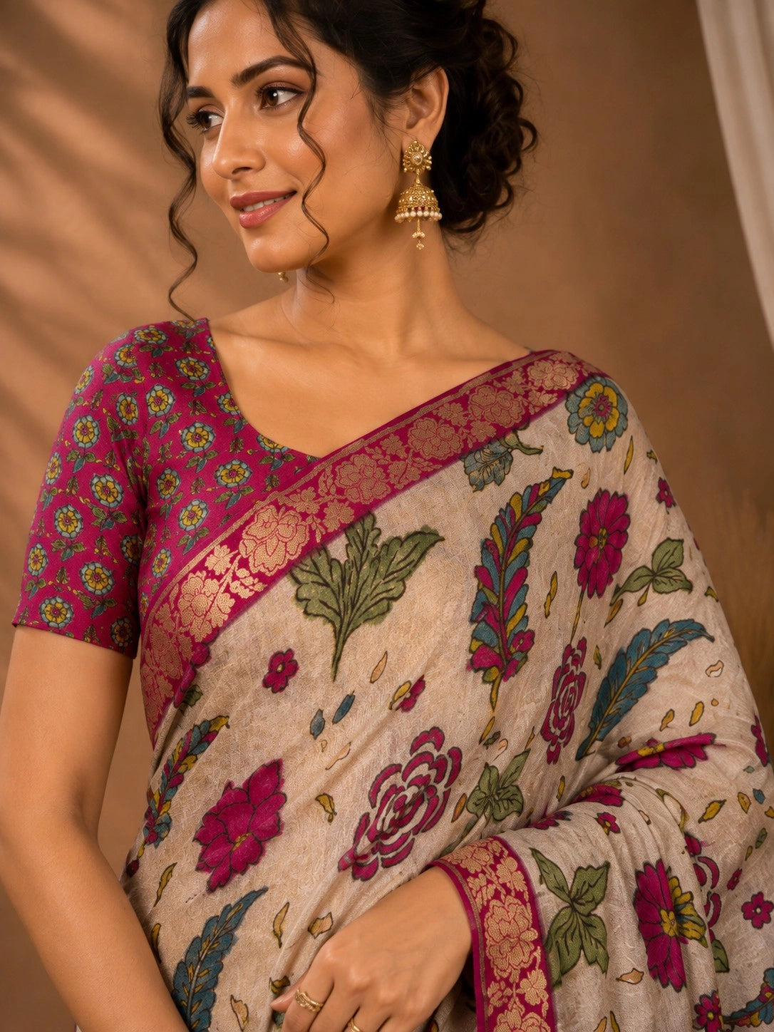 CA0722 Exclusive Pure Chinon Silk Flower Print Saree with Zari Weaving Border Beige