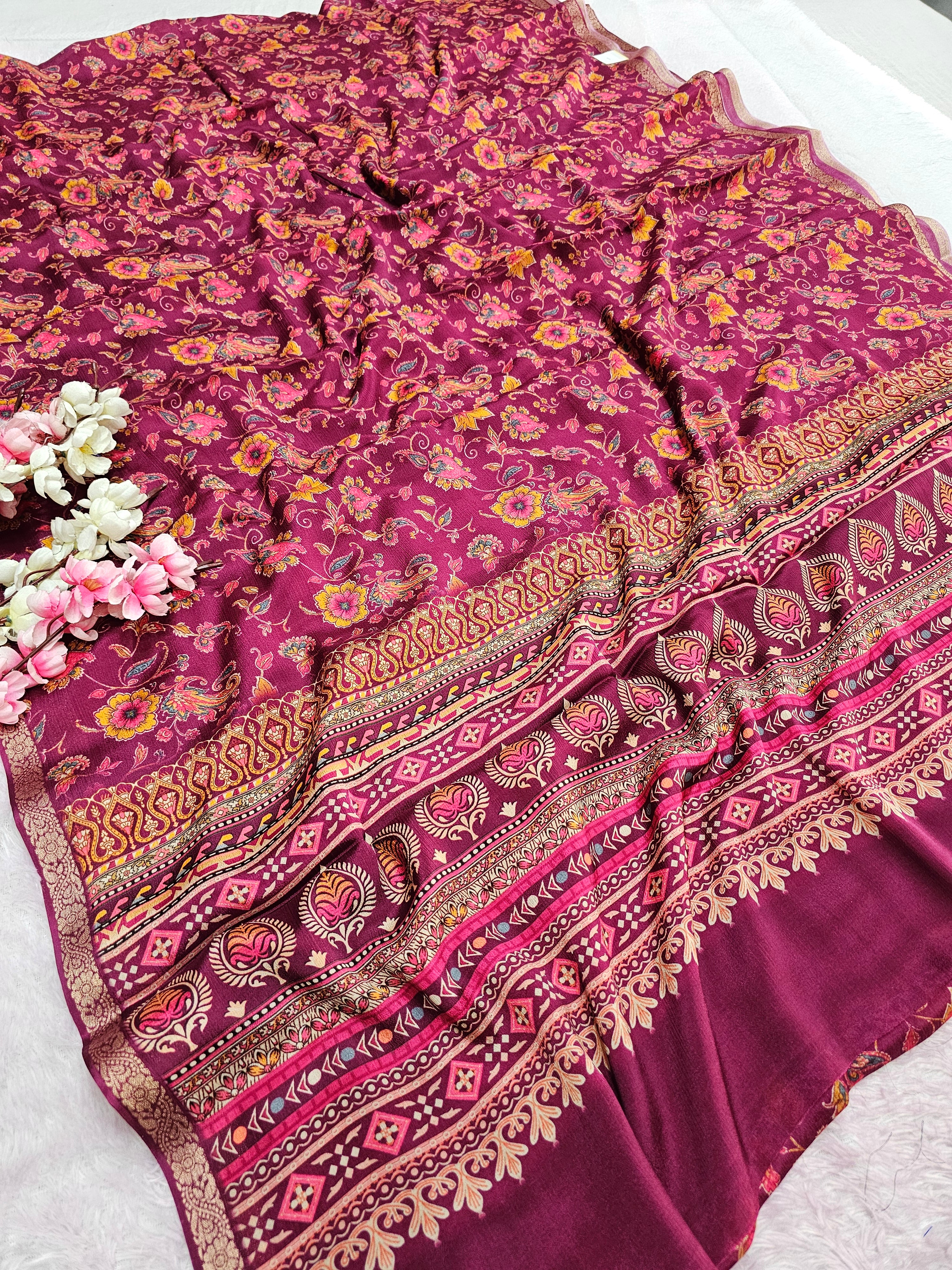998002 Beautiful Pure Chinon Silk Traditional Flower Print Saree with Zari Weaving Border