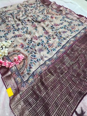 CA0988 Chitra Exclusive Pure Chinon Silk Flower Printed Saree With Zari border