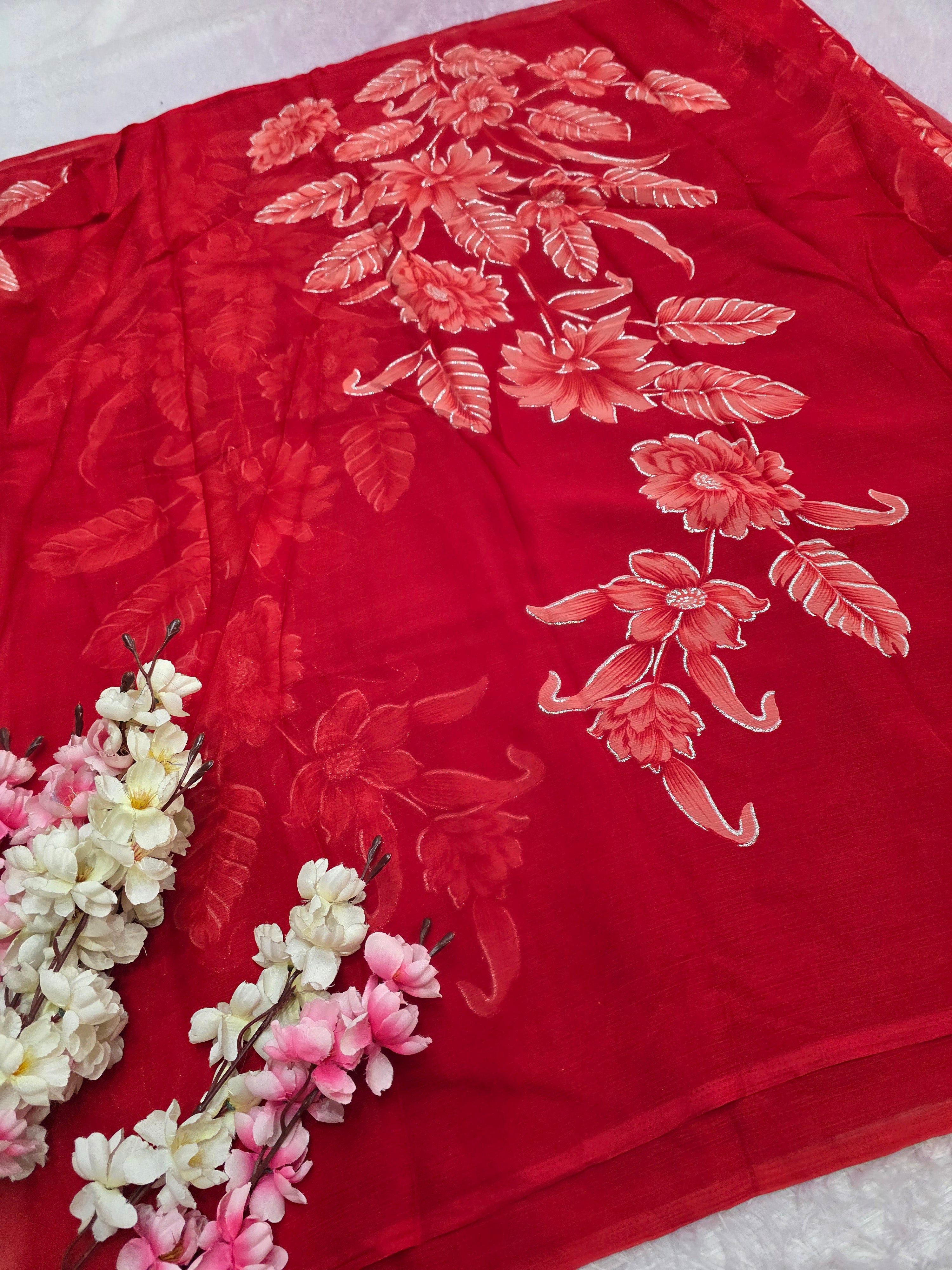 991003 Lightweight Elegant Semi Chiffon Flower Print Saree with Zari Print - Red