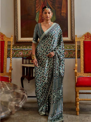727002 Trending Ajrakh Print Semi Modal Silk Saree - Mint Green