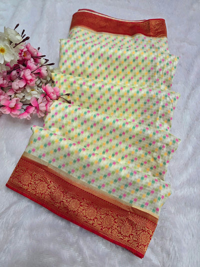 533003 Pure South Silk Saree With Ikkat and Minakari Work - Cream