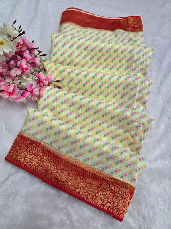 533003 Pure South Silk Saree With Ikkat and Minakari Work - Cream