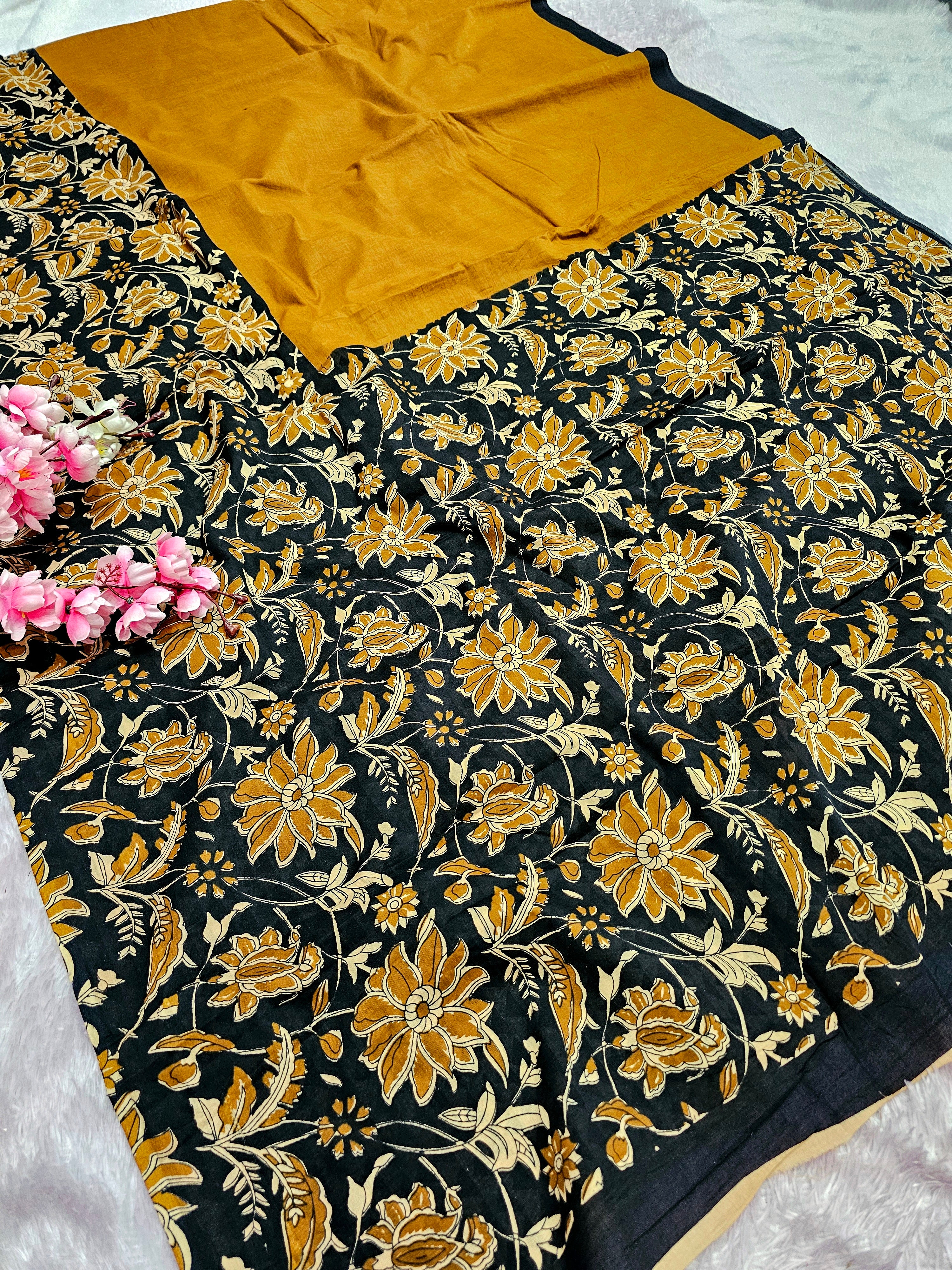 100005 Rajasthani Traditional Pure Malmal Cotton Hand block Printed Mustered Saree