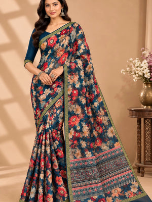 CA0825 Pure Chinon Silk Flower Print Saree - Teal Blue