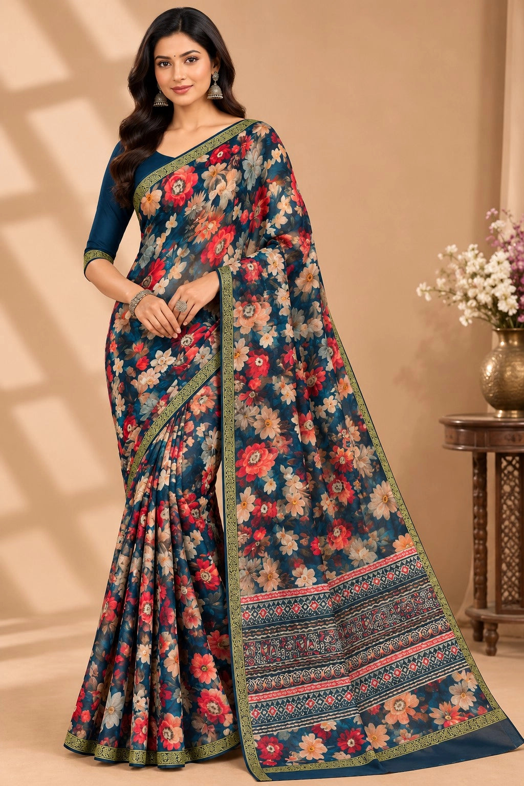 CA0825 Pure Chinon Silk Flower Print Saree - Teal Blue
