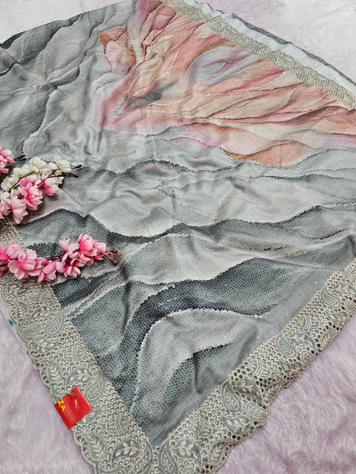 शुद्ध टसर सिल्क हाथ से बनी लेहरिया साड़ी प्रीमियम गोटापट्टी वर्क के साथ - 8837