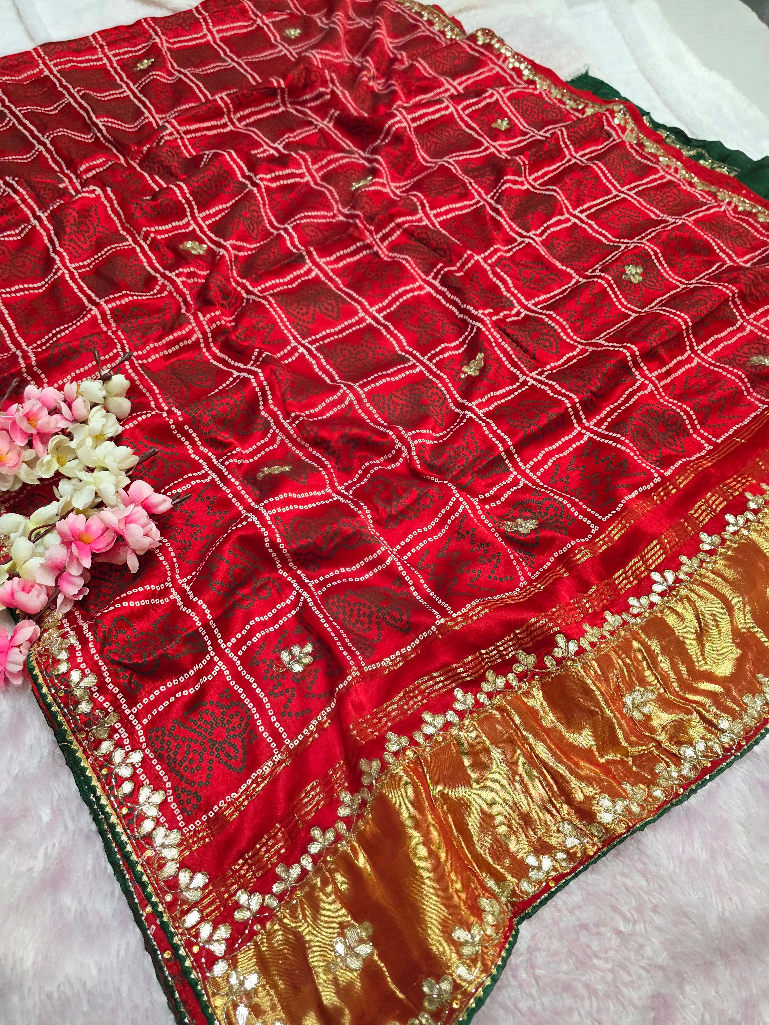 966003 Traditional Semi Gajji Silk Bandhani Saree with Hand Gota Patti Work