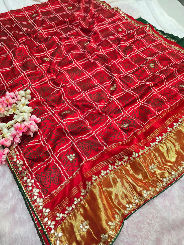 966003 Traditional Semi Gajji Silk Bandhani Saree with Hand Gota Patti Work