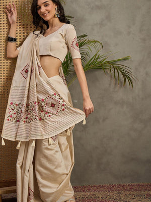 995002 Beautiful Semi Tussar Silk Hand Made Premium Suta Embroidery Saree