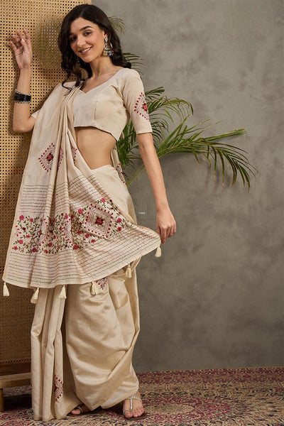 995002 Beautiful Semi Tussar Silk Hand Made Premium Suta Embroidery Saree