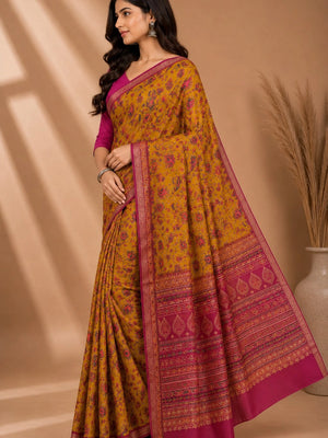 998005 Beautiful Pure Chinon Silk Traditional Flower Print Saree with Zari Weaving Border