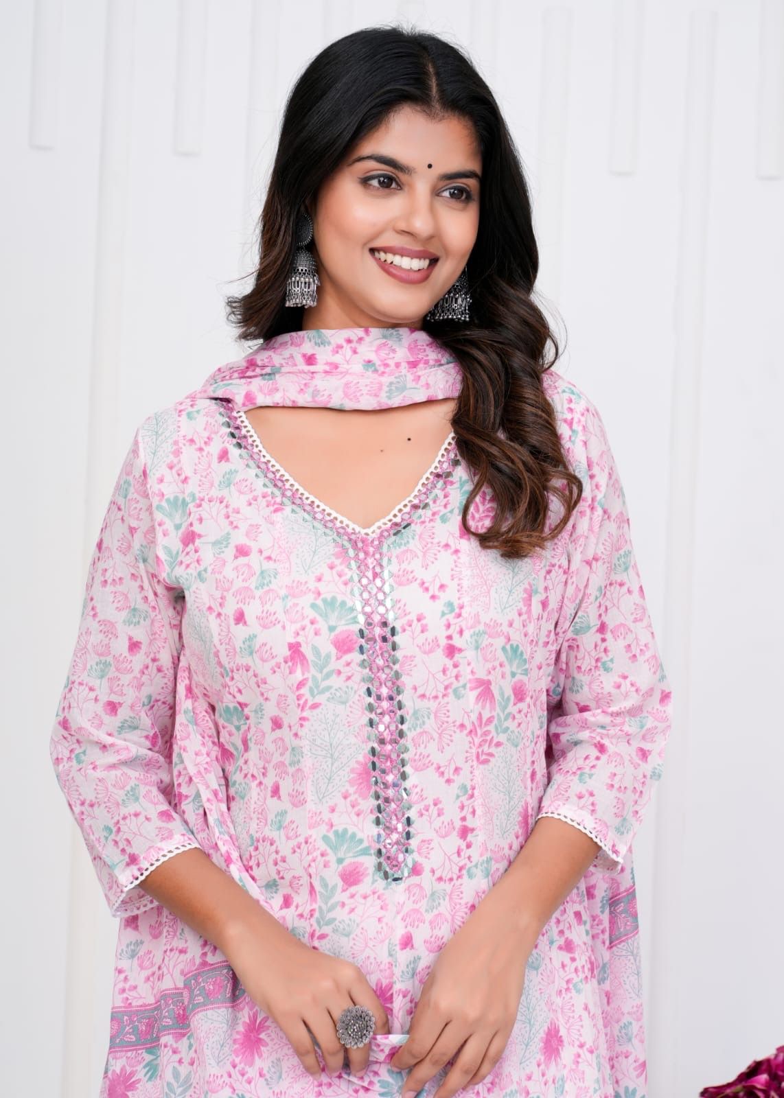12227 Pure Malmal Cotton Anarkali Kurti With Dupatta and Pant - Pink