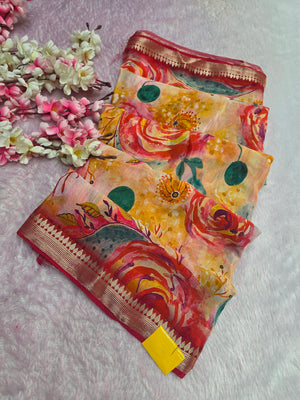 CA0719 Chitra Special Pure Chinon Silk Printed Saree Peach