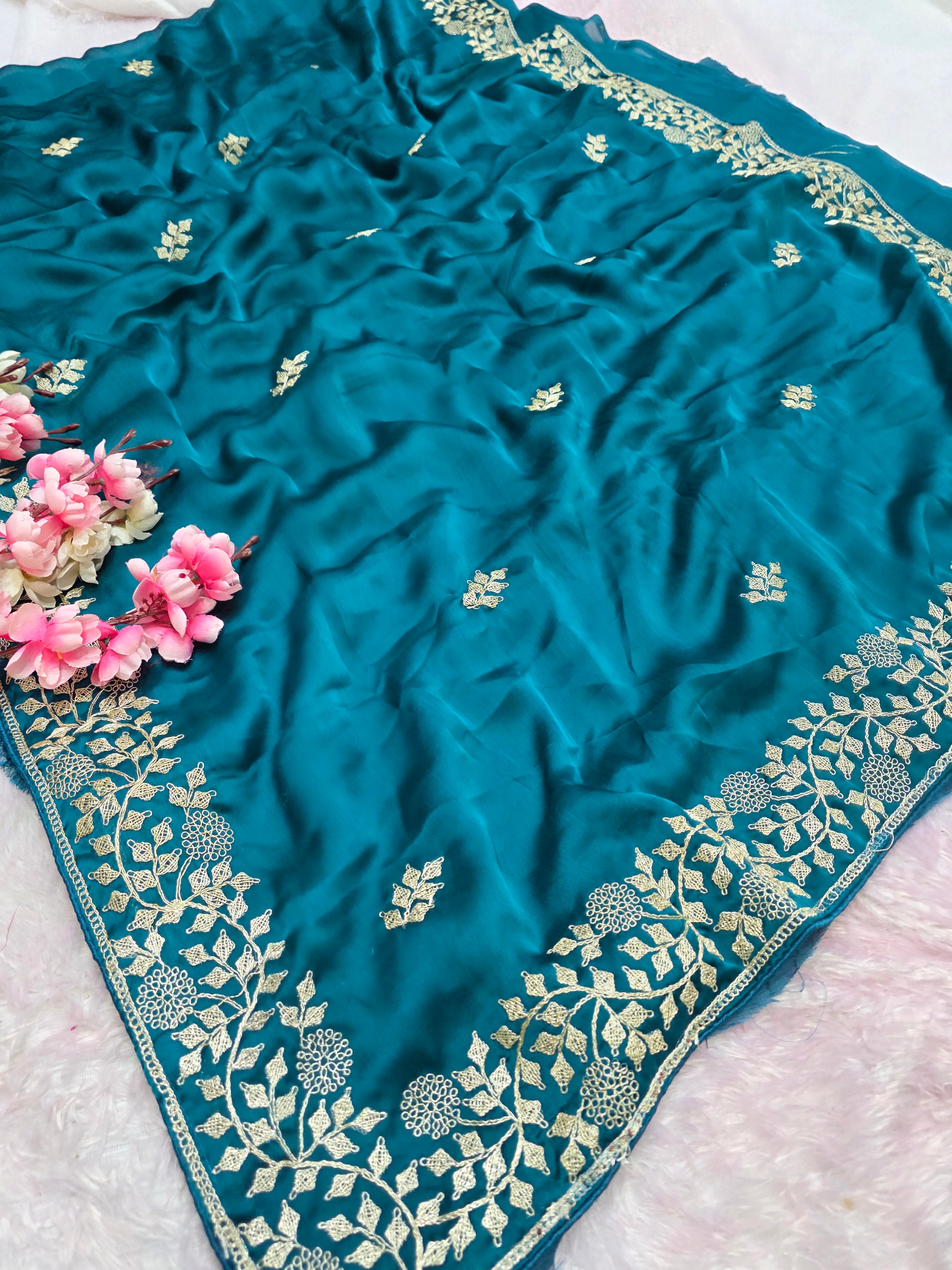 969004 Designer Party Wear Art Silk Fancy Saree with Pita Work - Teal Blue